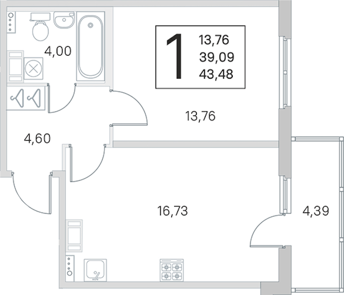 1-комнатная квартира 39.09 м², 2/4 эт., ЖК «Любоград в Стрельне»